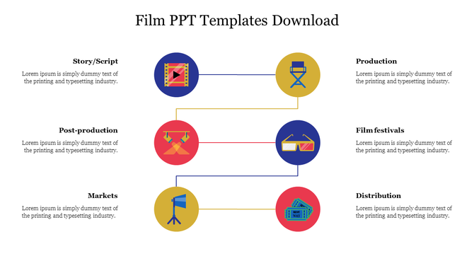 Venn diagram with five arrow shaped colored segments labeled 01 to 05, each with icons and placeholder text below.