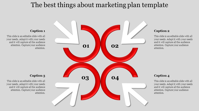 Slide with four red semicircles in a circular pattern, with white arrows pointing inward, and captions, on a gray background.