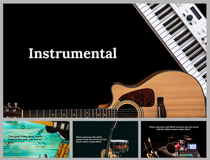 Instrument themed presentation slides with a guitar, keyboard, and drum set arranged on a dark background.