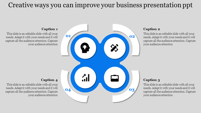 Business PPT slide with circular diagram is divided into four quadrants, each with an icon and text box labeled caption.
