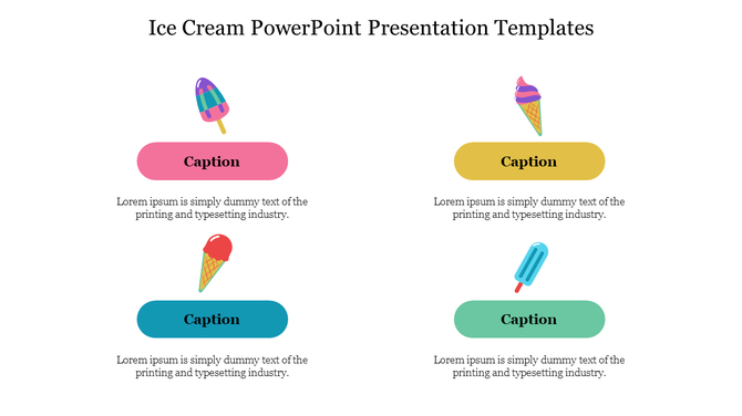Four colorful ice cream icons with pink, yellow, teal, and blue oval text boxes and descriptive text below.