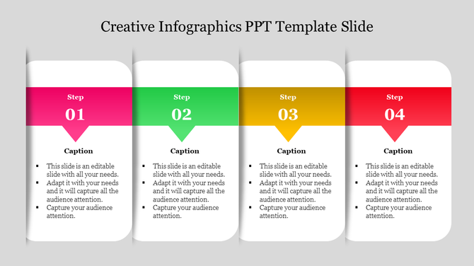 Creative infographic slide with four colored sections showing sequential steps and bullet point captions under each step.