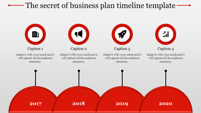 Red timeline design with four circular icons representing milestones for 2017 to 2020 on curved labels below.