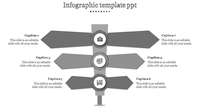 Infographic PPT slide with alternating gray arrows displaying captions and icons for business, target, and growth concepts.