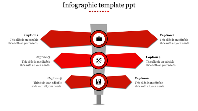 Vertical infographic with red arrows connected to circular icons, arranged along a central gray line.