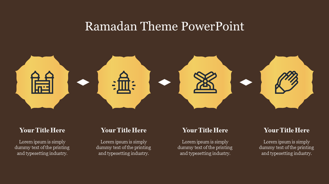 Ramadan slide with brown background, featuring four golden Islamic icons in ornate shapes, and placeholder text below.