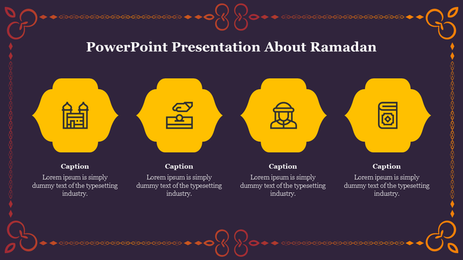 Ramadan themed PowerPoint slide with decorative icons and captions on a purple backdrop.