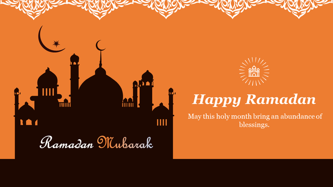 Ramadan greeting slide with ornate mosque illustration, white decorative border on top, and a blessing message.