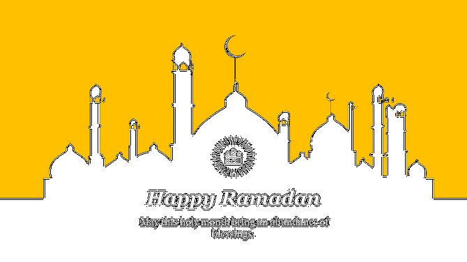 Ramadan PowerPoint slide with a yellow background with a silhouette of a mosque and the text.