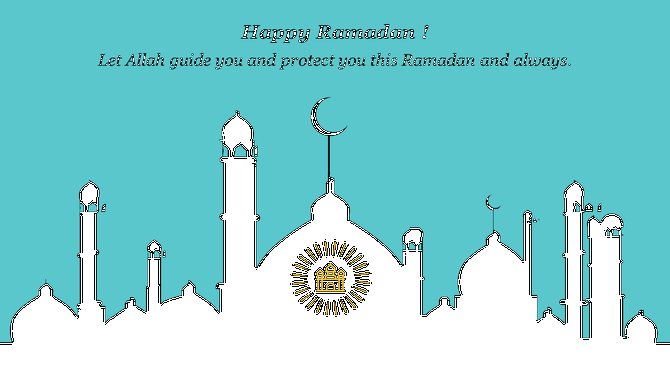Silhouette of mosque domes and minarets with Happy Ramadan greeting on a light blue background.