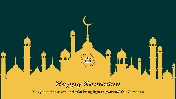 Ramadan themed slide featuring a golden mosque silhouette on a dark green background with crescent moon detail.