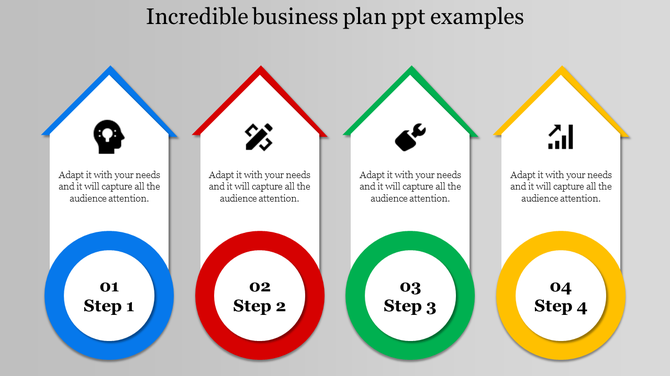 Four colorful house shaped arrows pointing upward, each representing a business step in blue, red, green, and yellow.