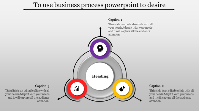 Circular layout slide with a central heading, surrounded by three colorful icons in purple, red, and yellow.