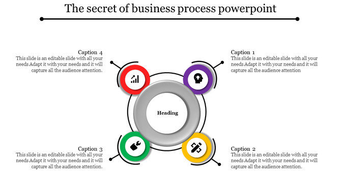 Business process slide with four colorful icons surrounding a central circle, illustrating different steps and processes.