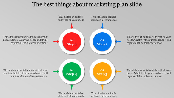 Marketing plan slide with four circular icons in red, blue, green, and orange, labeled 01 to 04.