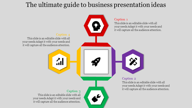 Slide featuring a central rocket icon surrounded by four hexagonal icons in red, purple, green, and yellow.
