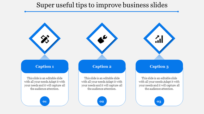 Business slide three blue cards aligned horizontally with icons for process tools, wrench, and growth chart.