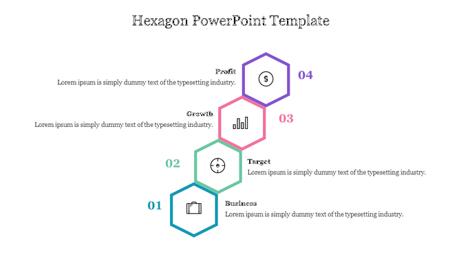 Vertical hexagon infographic with four steps labeled Business, Target, Growth, and Profit, each with icons and numbers.