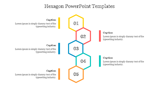 Hexagon PowerPoint template with numbered hexagons and captions for each step or section.