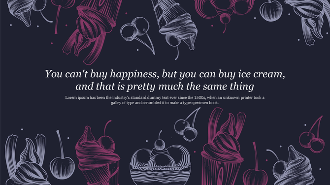 Dark themed background with white and pink hand drawn ice cream cones, sundaes, and cherries, featuring text at the center.