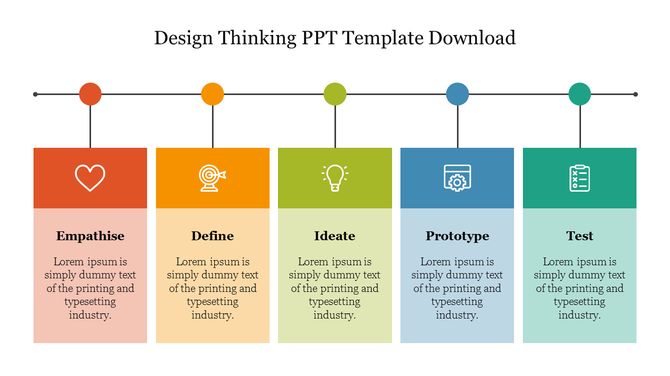 PPT template for design thinking process with five colored stages in red, orange, green, blue, and teal.