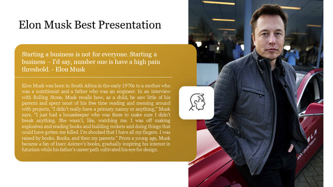 Title slide on Elon Musk with his photo and a quote on entrepreneurship, resilience and description.
