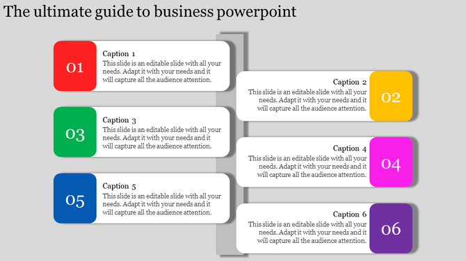 Business guide slide with six numbered captions, alternating colors, and with placehoilder text areas.