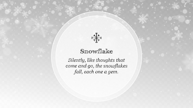 Minimalistic design with a central snowflake icon, surrounded by a gray gradient background with floating snowflakes.