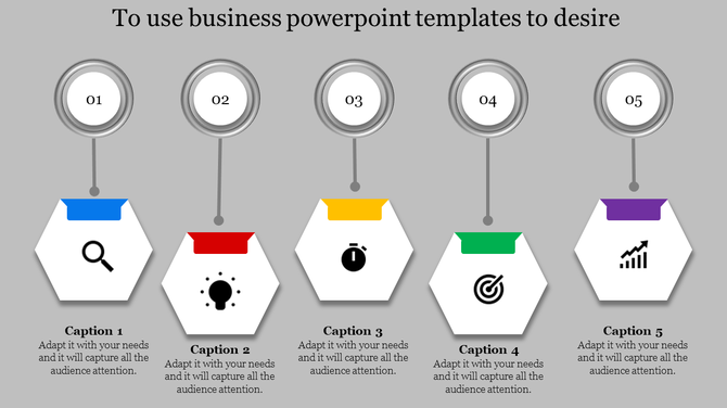 Business PowerPoint slide featuring five sections with icons representing search, idea, timer, target, and growth.