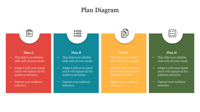 Four-plan diagram using distinct colors and icons for visual differentiation, each containing placeholder text areas.