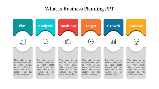 Business planning infographic with six labeled sections above icons and placeholder featuring colorful curved top rectangles.