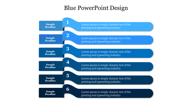Blue themed PowerPoint slide with six numbered rows and space for sample headlines and text.