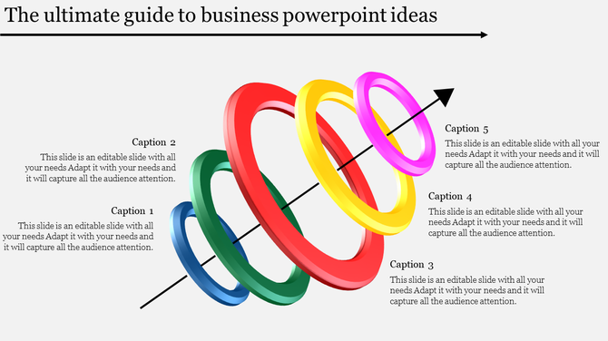 Business PowerPoint template with colorful rings representing the flow of ideas and key business concepts.