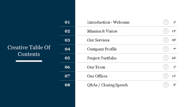 Table of contents slide with eight sections listed alongside time durations, presented in a creative, organized layout.