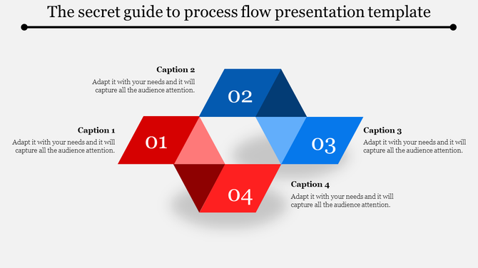 Process flow presentation template with colorful triangular icons representing different business steps.
