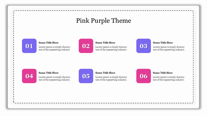A slide layout featuring six colored boxes with numbers and text, alternating between pink and purple tones.