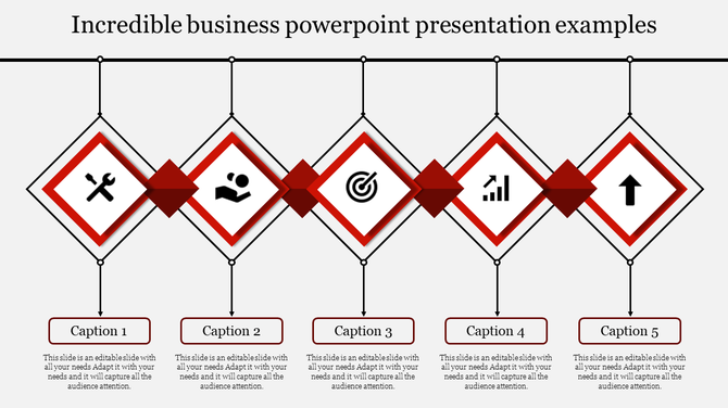 Business PowerPoint slide featuring five icons in diamond shapes, representing tools, people, targets, growth, and progress.
