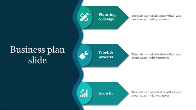 Business plan slide with three sections from Planning & Design to Growth with icons and placeholder text.
