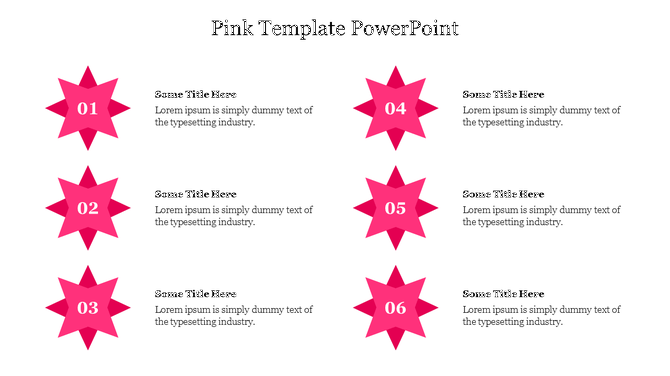 Pink themed PowerPoint slide featuring numbered titles in star shaped boxes with placeholder text.