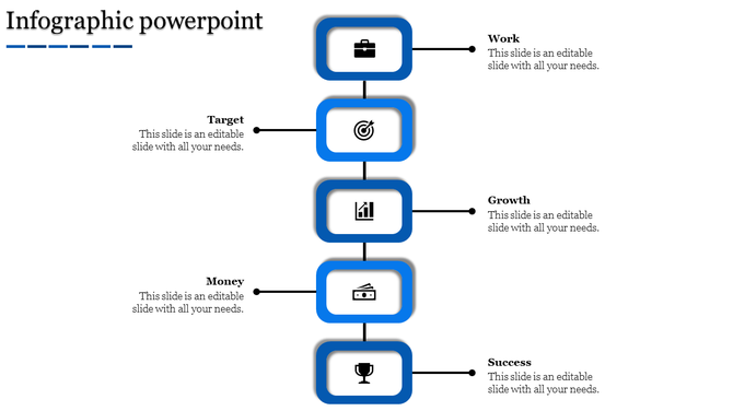 Infographic PPT slide with blue bordered rectangles showing steps from work to success, highlighted with icons and text.
