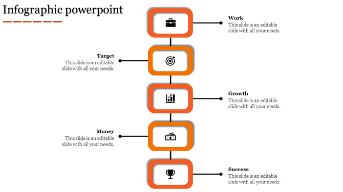 Infographic PPT slide with orange bordered rectangles illustrating work, target, growth, money, and success concepts.