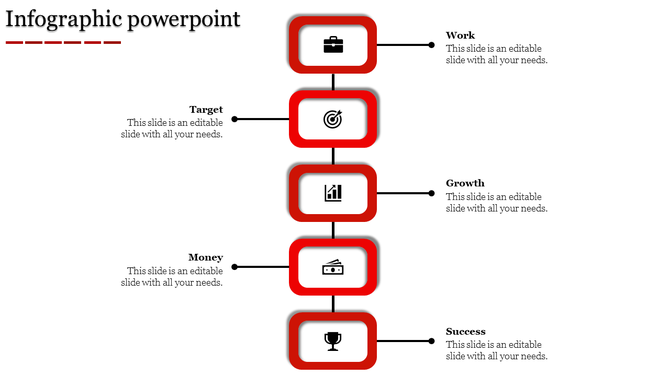 Five-step vertical infographic in red with icons for work, target, growth, money, and success linked to text labels.