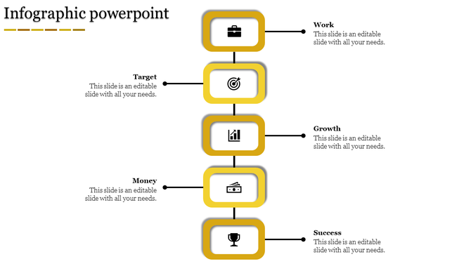 Infographic PPT slide with yellow bordered rectangles illustrating work, target, growth, money, and success concepts.