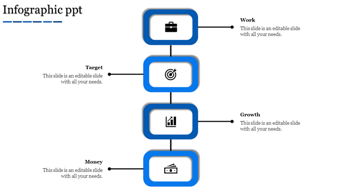 Vertical infographic PPT slide with four blue boxes linked by a central line, displaying icons and captions.
