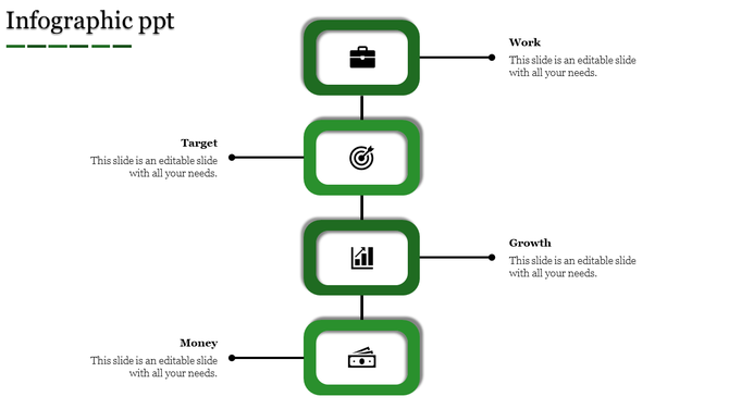 Infographic with green rounded boxes displaying icons for work, target, growth, and money with connecting lines.