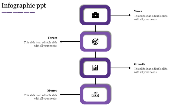 Slide featuring four purple rounded rectangles, with icons and text, connected by lines in a vertical format.