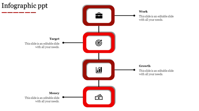 Vertical infographic with red rounded boxes linked to icons for work, target, growth, and money.
