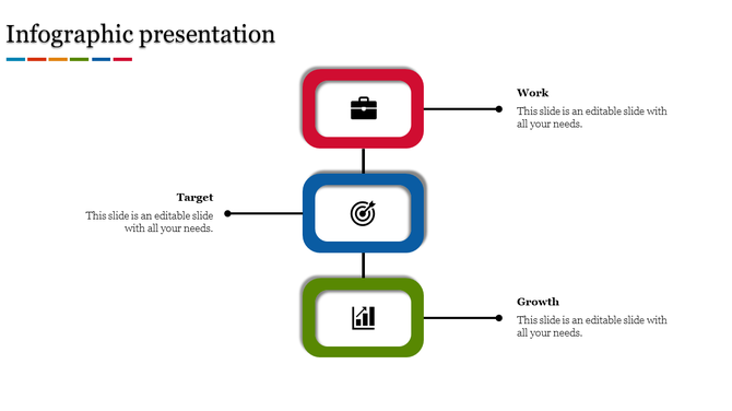 Vertical flowchart with red, blue, and green boxes containing icons for work, target, and growth.