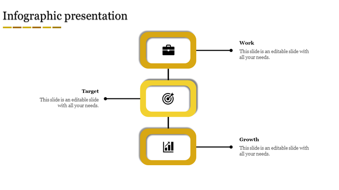 Infographic with three yellow rectangular boxes linked vertically showing icons for work, target, and growth.