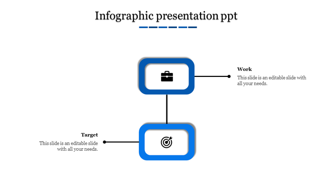 Infographic PPT slide featuring two blue bordered rectangles with icons of a briefcase and a target, connected by lines.